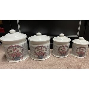 Vintage Cottagecore Hearts & Roses Canister Set Trenditions Set 4 Baskets & Lids